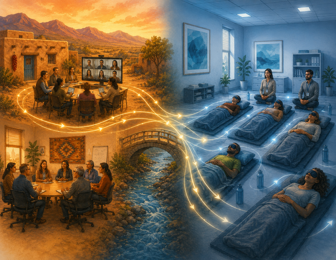 Illustration of community engagement and group psilocybin-assisted therapy sessions connected by light streams